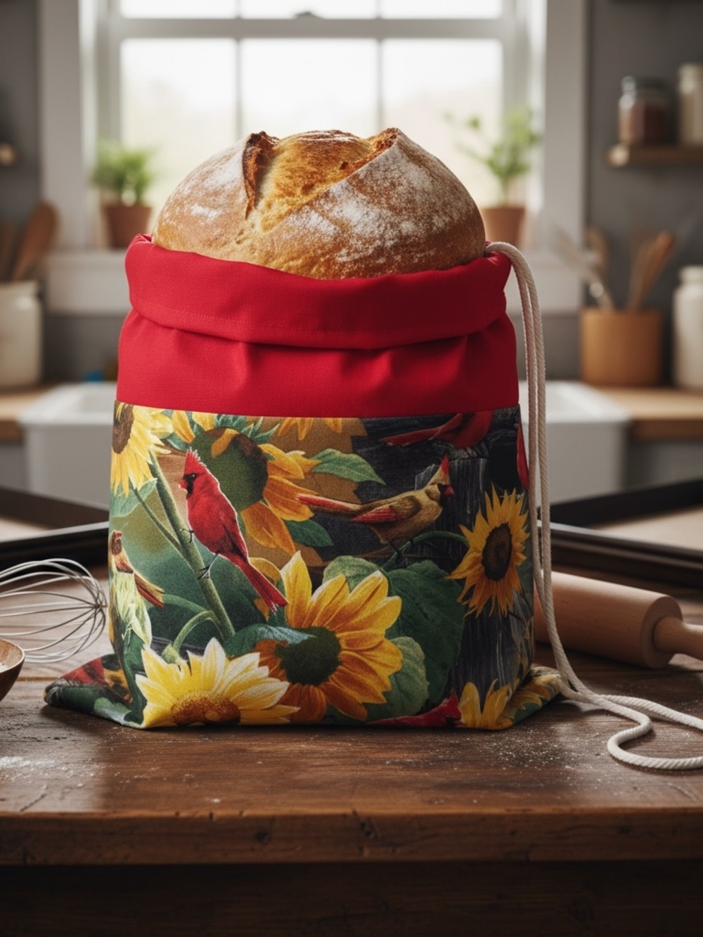 Red Cardinal & Sunflower Cotton Bread Bag, Reusable Sourdough Bread Keeper